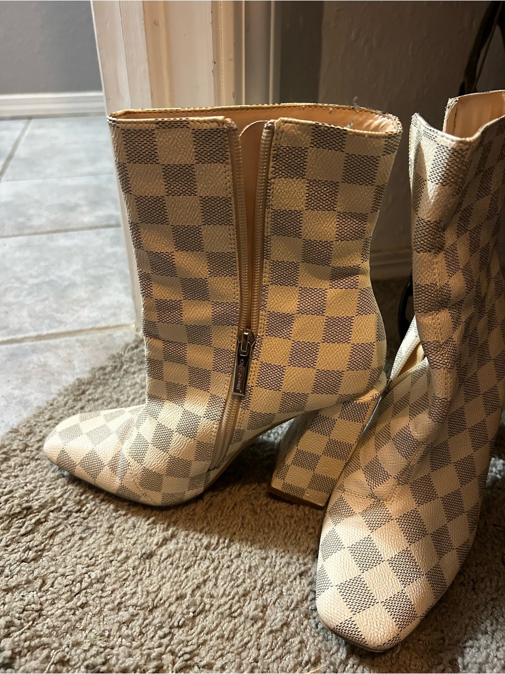 Cape Robbin Checked Ivory Ankle Boots with Side Zip
